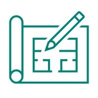 Een turquoise lijntekening van een potlood dat een plattegrond tekent op een opgerolde bouwtekening.