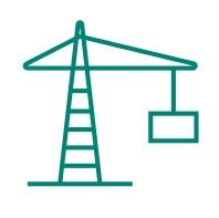 Een turquoise lijntekening van een bouwkraan die een last vasthoudt.