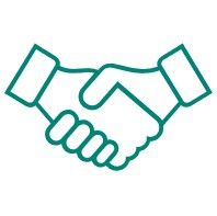 Een turquoise lijntekening van twee handen die elkaar schudden, als symbool voor een partnerschap of overeenkomst.
