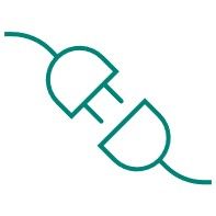 Een turquoise lijntekeningpictogram dat een stekker en stopcontact toont die met elkaar verbonden zijn.