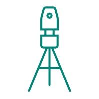 Een turquoise lijnicoon van een landmeetkundig total station op een statief.
