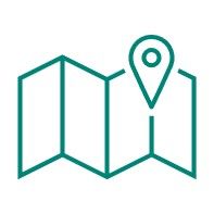 Een turquoise omtrekicoon van een opgevouwen kaart met een locatiemarkering bovenaan.