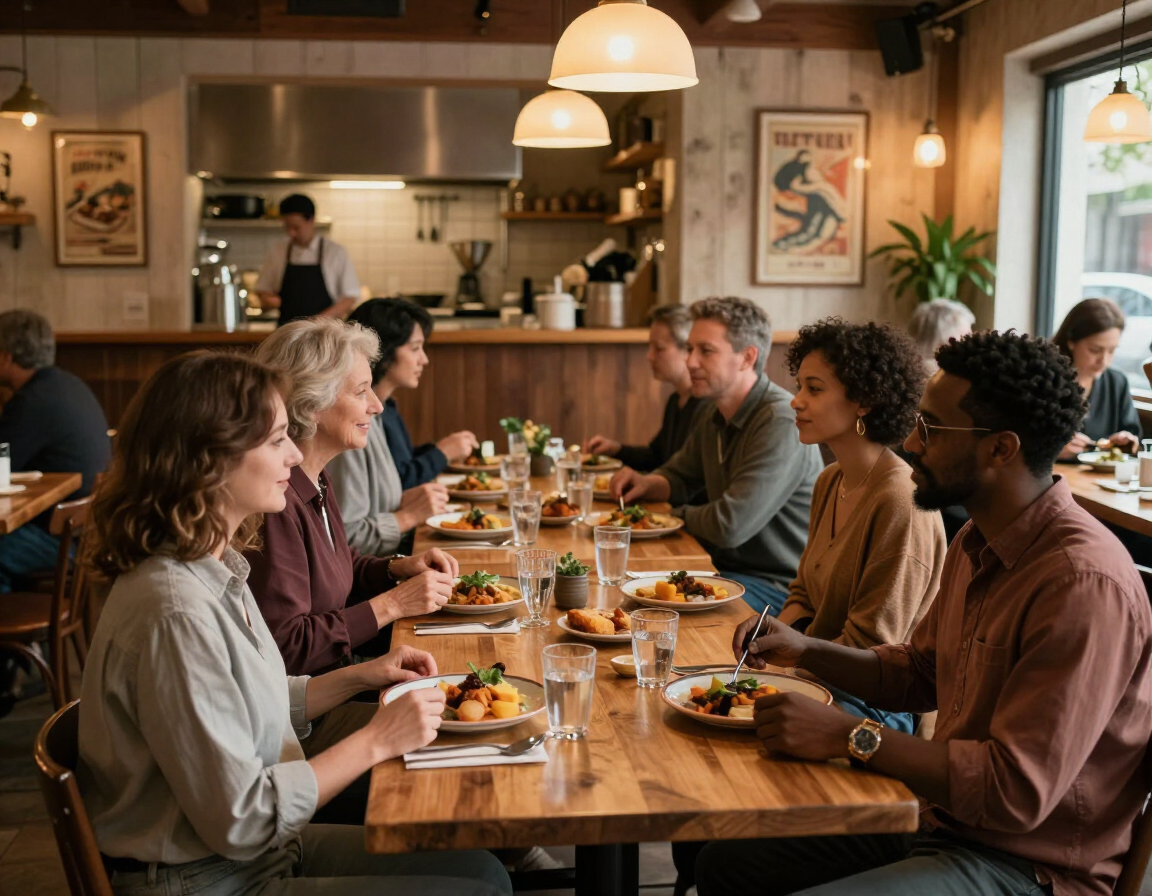 Pessoas reunidas à mesa em restaurante local