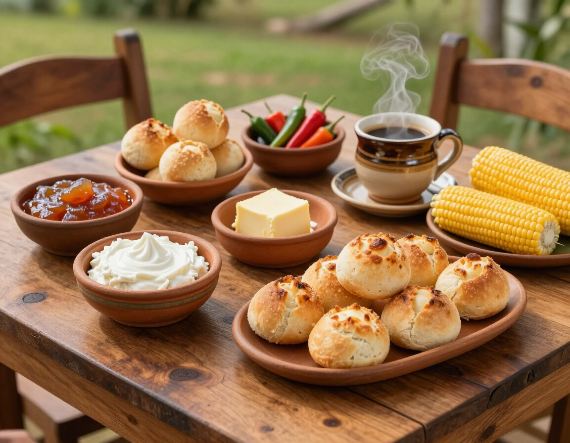 Mesa compartilhada com pratos mineiros, queijo e café