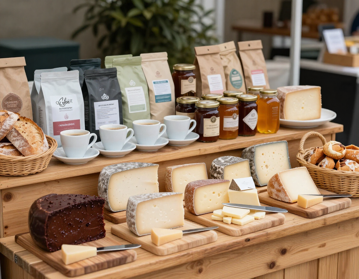 Banca de mercado com queijos, cafés e produtos artesanais
