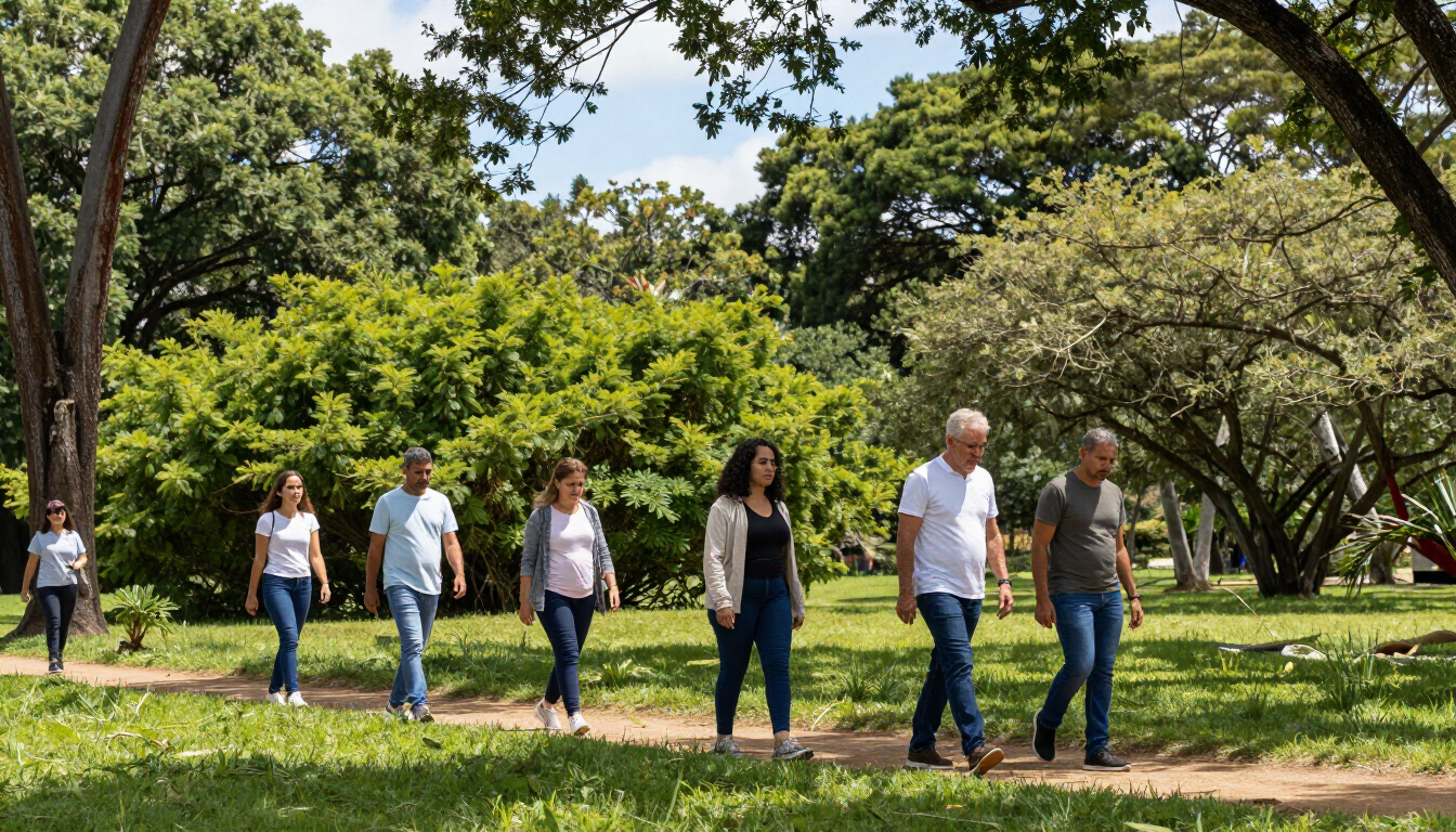 Pessoas caminhando em área verde