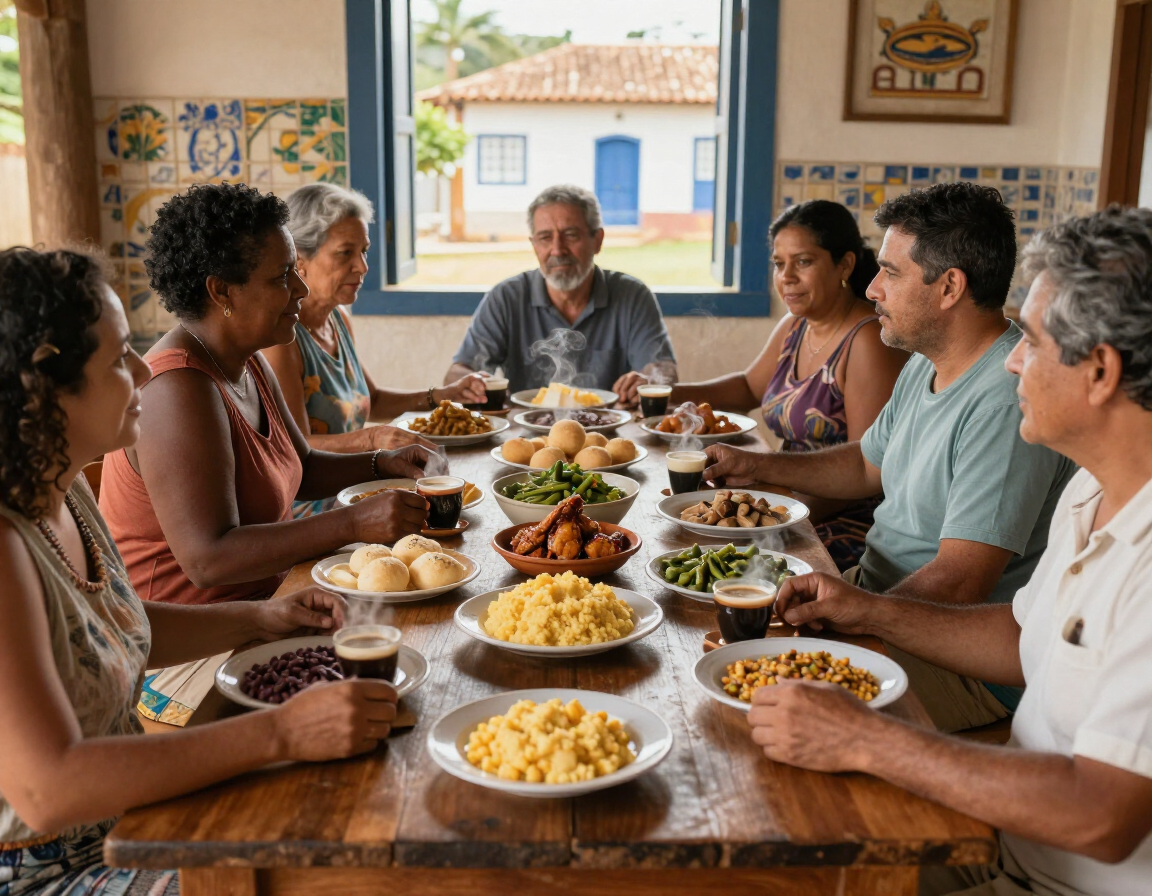 Mesa acolhedora com comida mineira e café em Patos de Minas