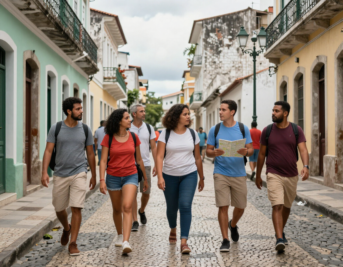 Pequenos grupos seguindo um roteiro pela cidade