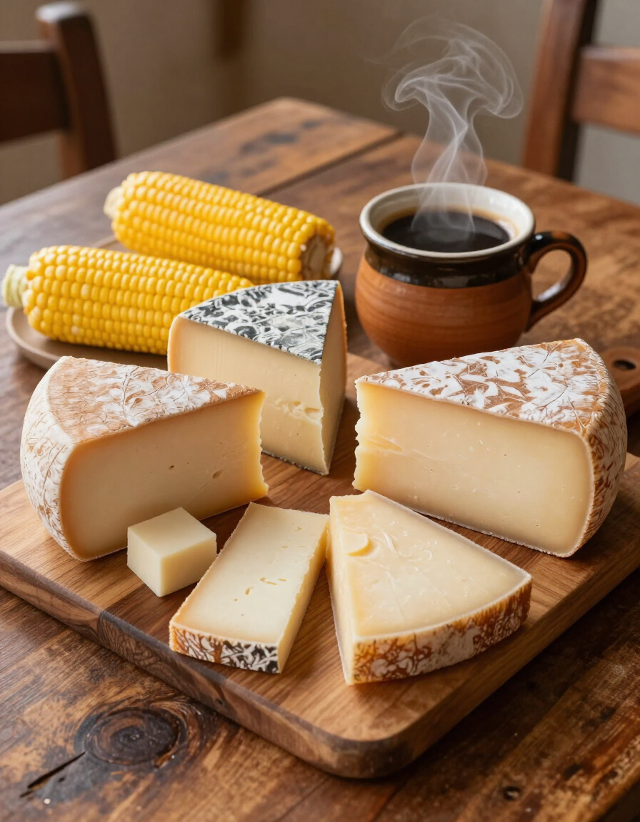 Mesa com sabores locais de milho, queijo e café