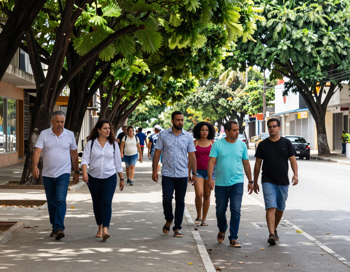 Pessoas caminhando em área arborizada de Patos de Minas