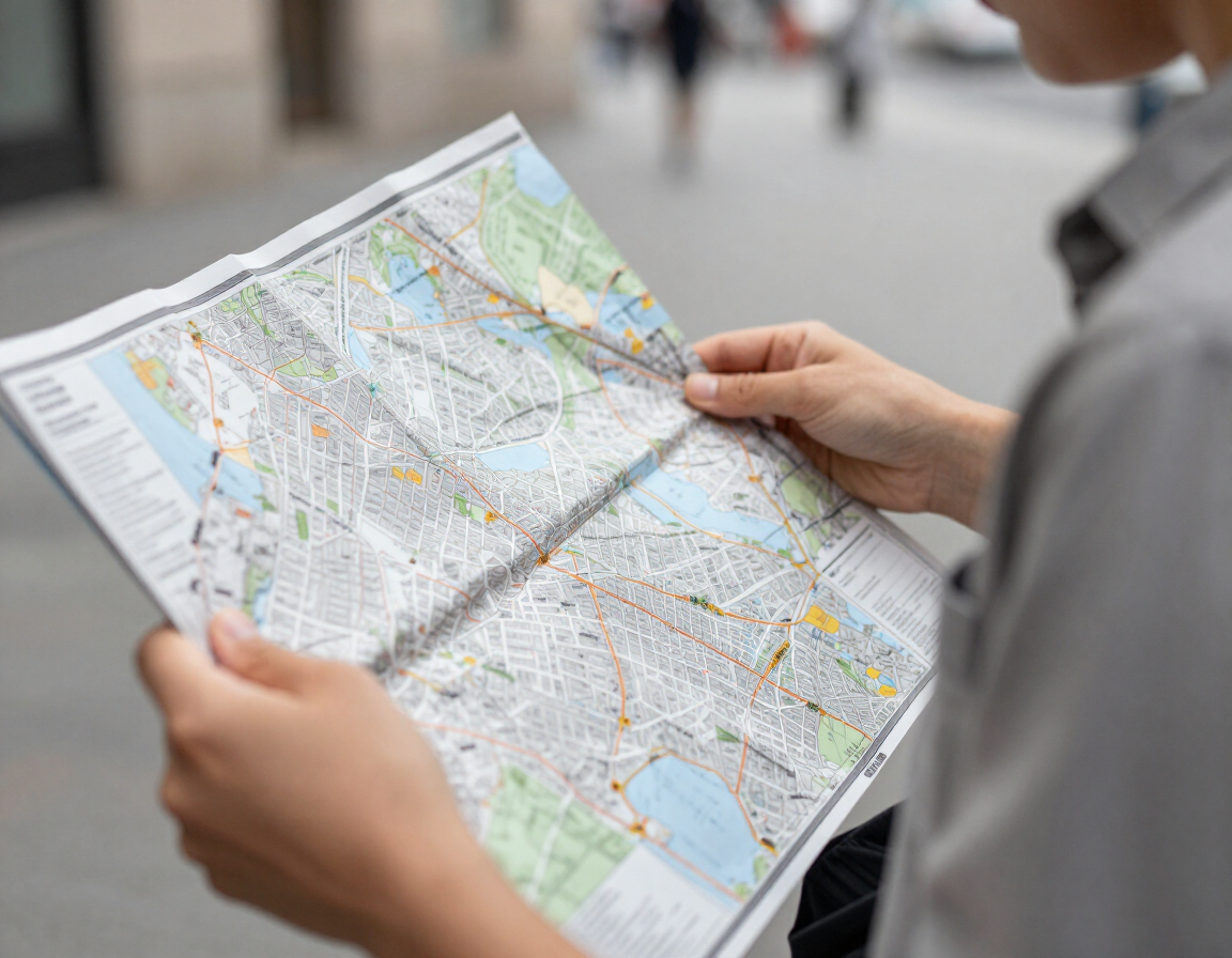 Pessoa consultando um mapa da cidade