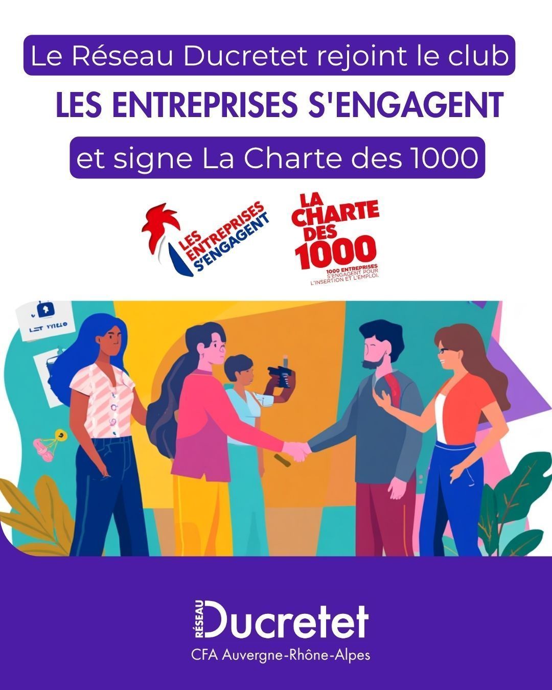 Affiche Ducretet violette: des personnes se serrent la main, avec les logos Réseau Ducretet et Charte des 1000.