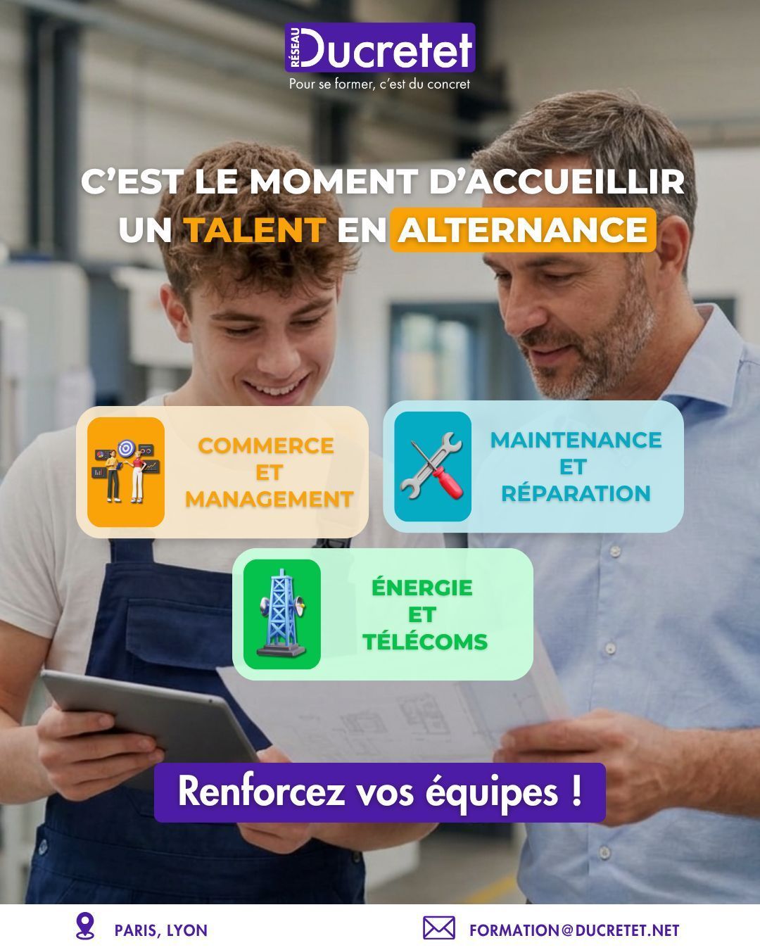 Affiche Ducretet pour l’alternance, avec deux personnes et les filières commerce, maintenance, énergie et télécoms.