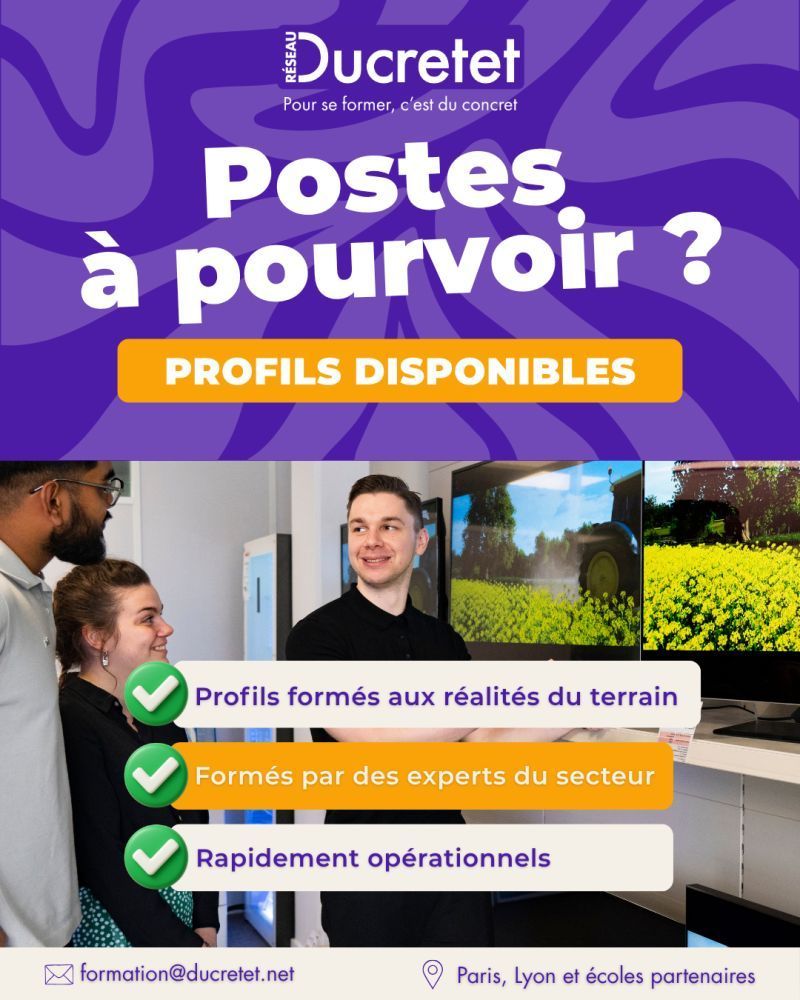 Affiche violette de Ducretet annonçant des postes à pourvoir et des profils disponibles, avec photos et puces.