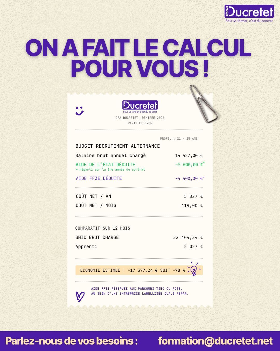Affiche beige et violet: «On a fait le calcul pour vous!» avec devis et contact