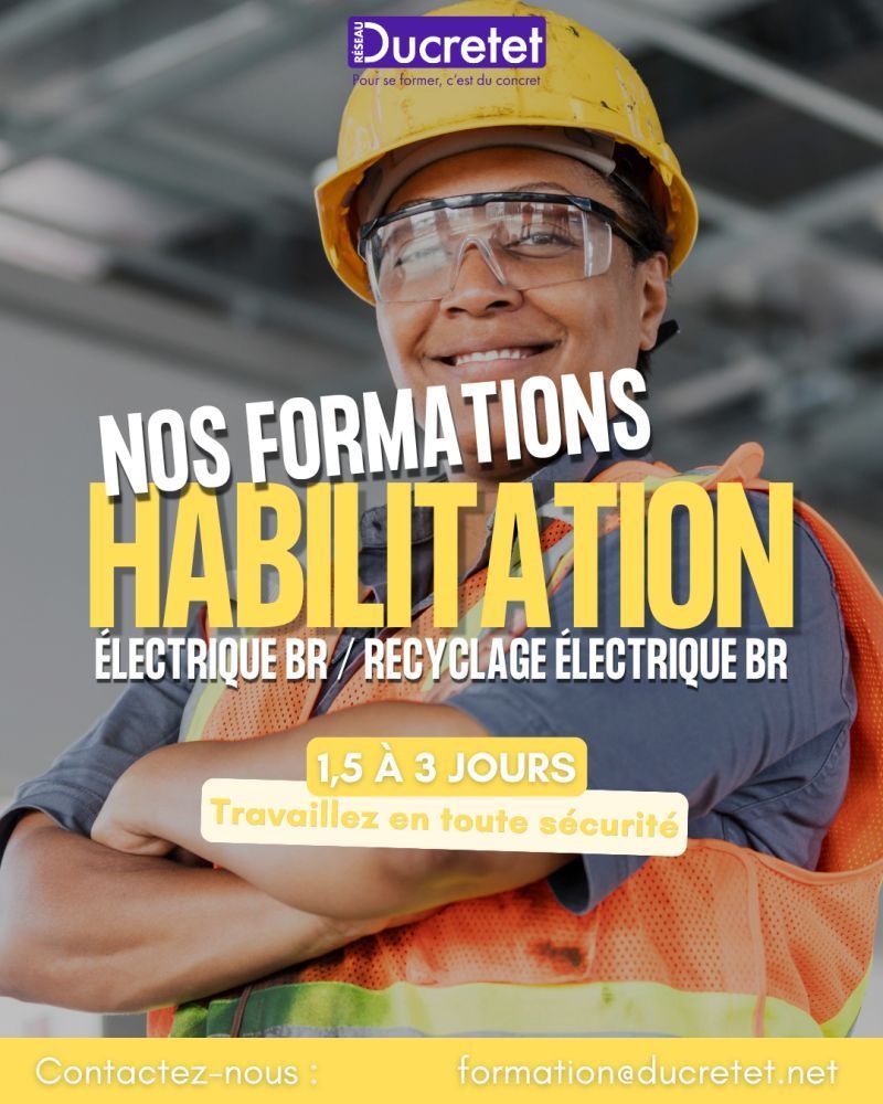 Affiche de formation sécurité électrique Ducretet, avec ouvrier en casque jaune et texte promotionnel.