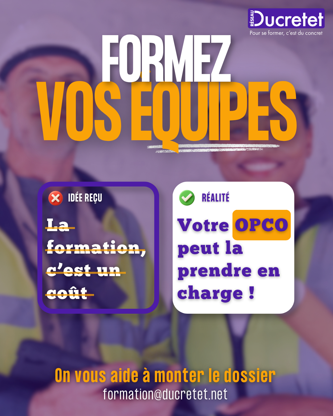 Affiche Ducretet sur la formation: “Formez vos équipes”, avec mention du financement OPCO.