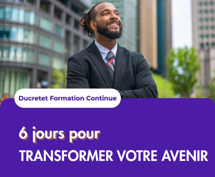 Un homme en costume sourit, le regard levé. Texte : « 6 jours pour transformer votre avenir ». Fond violet.