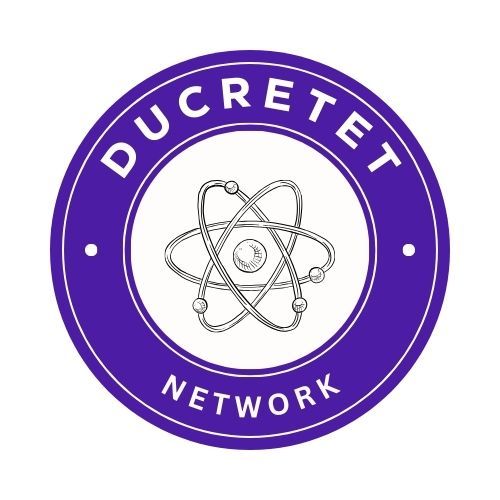 Le logo du réseau ducretet Network est un cercle violet avec un atome au centre.