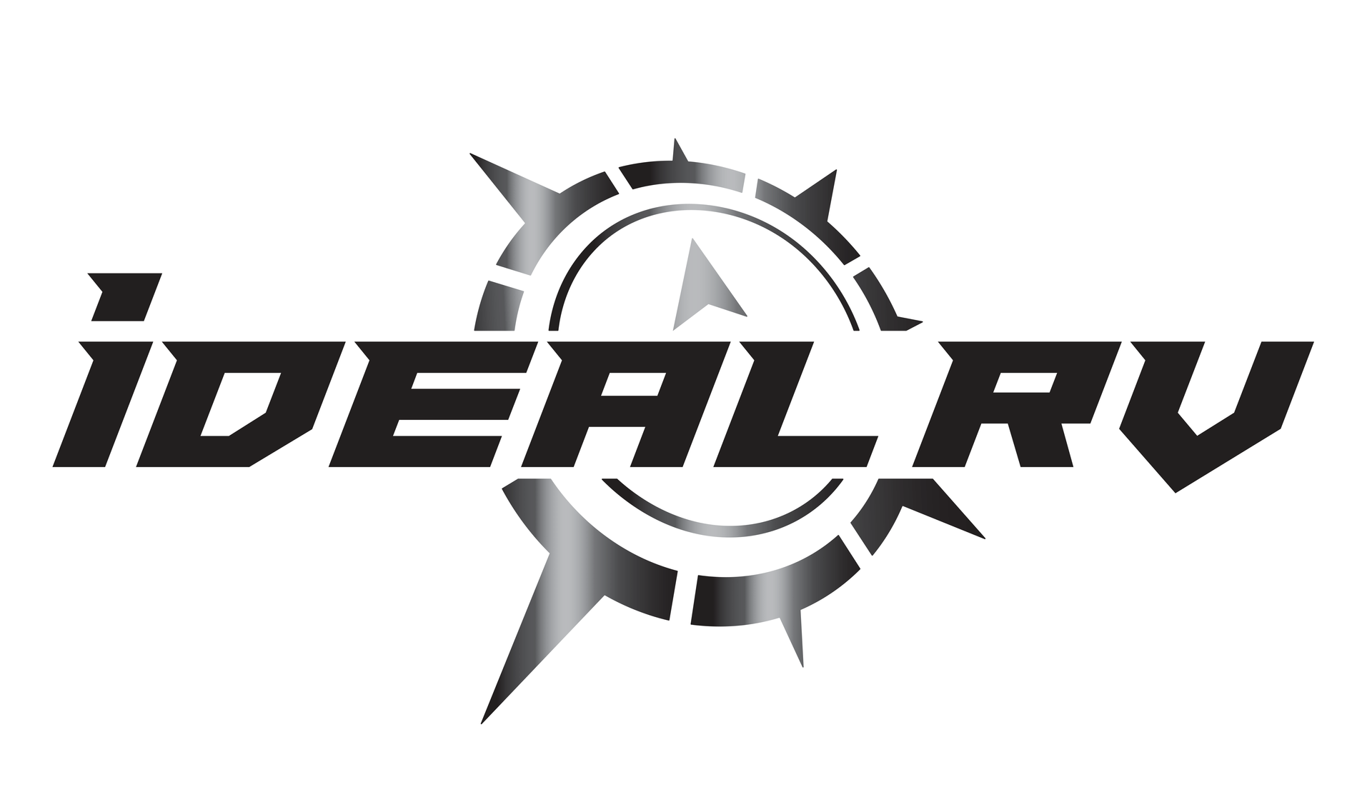 A black and white logo for ideal rv with a compass in the middle.