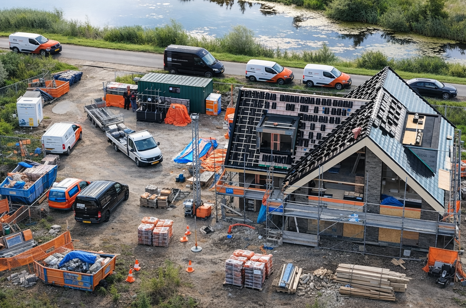 Een luchtfoto van een bouwterrein met een gedeeltelijk overdekt gebouw, diverse bestelbusjes en buiten opgeslagen materialen.
