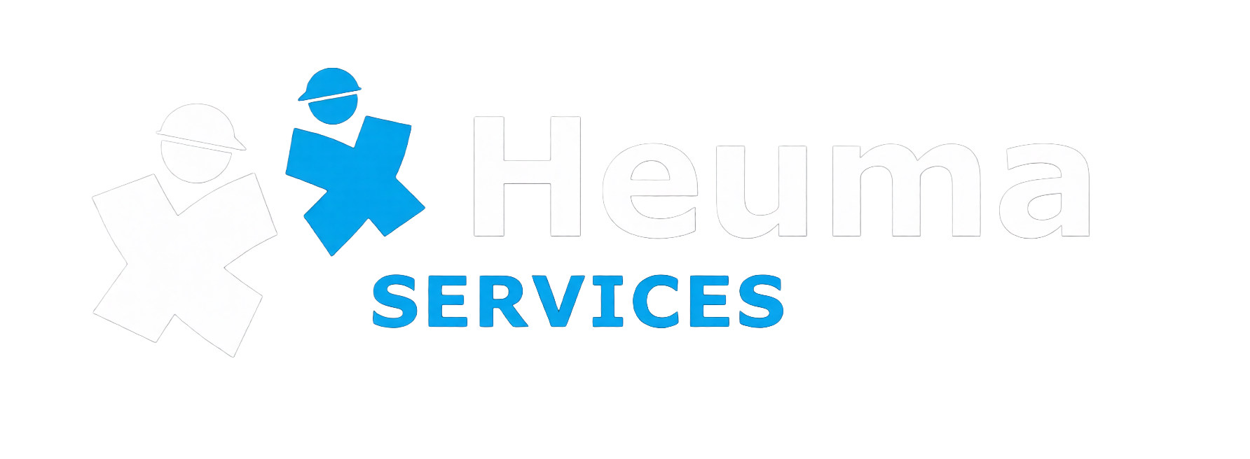 Logo voor Heuma Services met een blauwe abstracte figuur die een doos vasthoudt, met de tekst