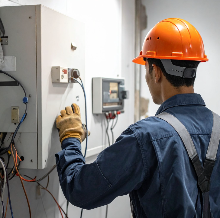 Een elektricien met veiligheidshelm en beschermende handschoenen aan werkt aan een aan de muur gemonteerd elektrisch paneel.