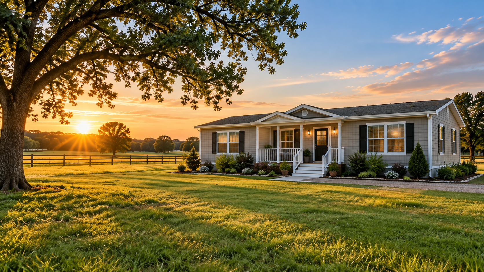 Illustration of a manufactured home on spacious countryside land at sunset