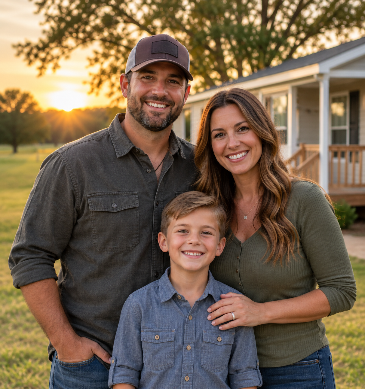 Illustrative family portrait outside a manufactured home