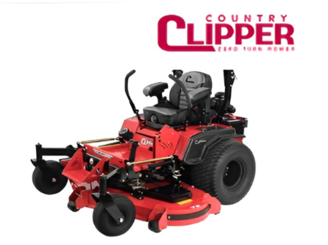 Red Country Clipper zero-turn mower with black wheels on a white background.