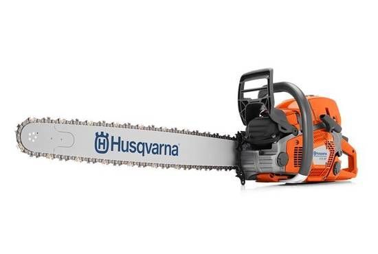 Husqvarna orange chainsaw with a silver blade, angled left against a white background.