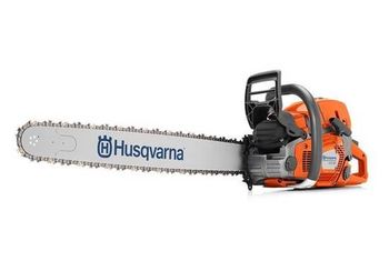 Husqvarna orange chainsaw with a silver blade, angled left against a white background.