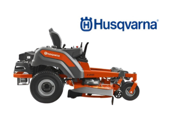 Orange and gray Husqvarna zero-turn lawnmower. White background. Husqvarna logo in top right corner.