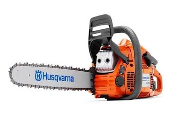 Orange Husqvarna chainsaw with silver blade, Husqvarna logo visible.