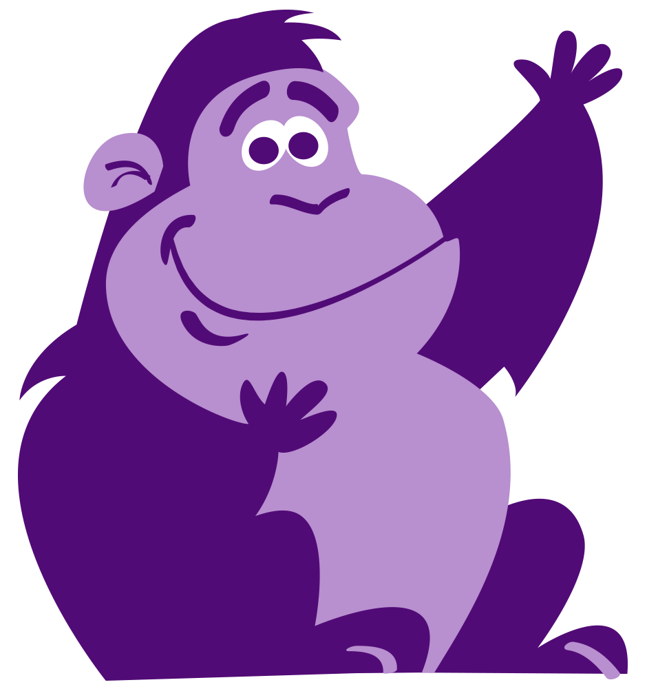 A purple gorilla is sitting down and waving at the camera.