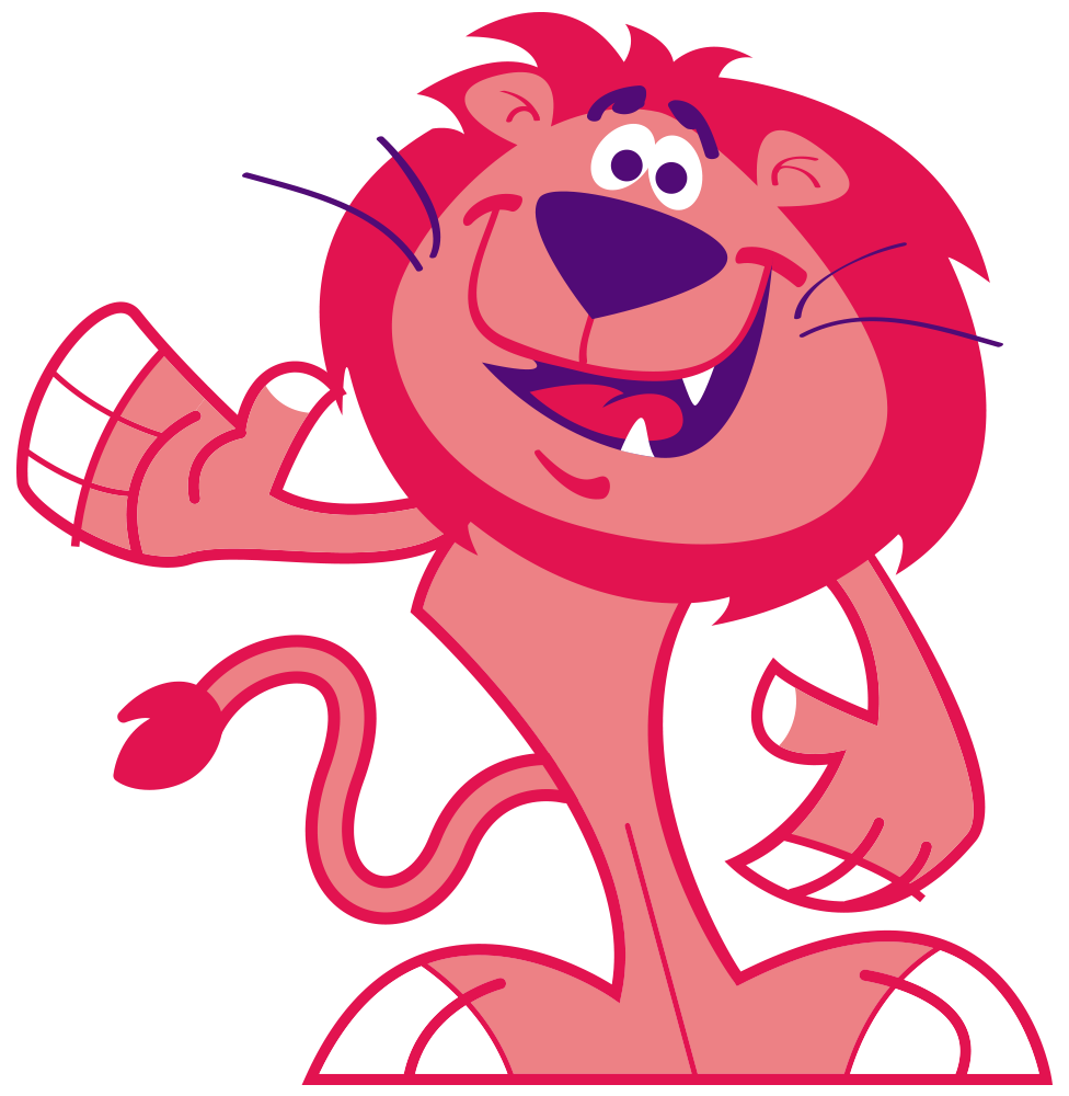 A cartoon lion with a long tail is smiling and waving