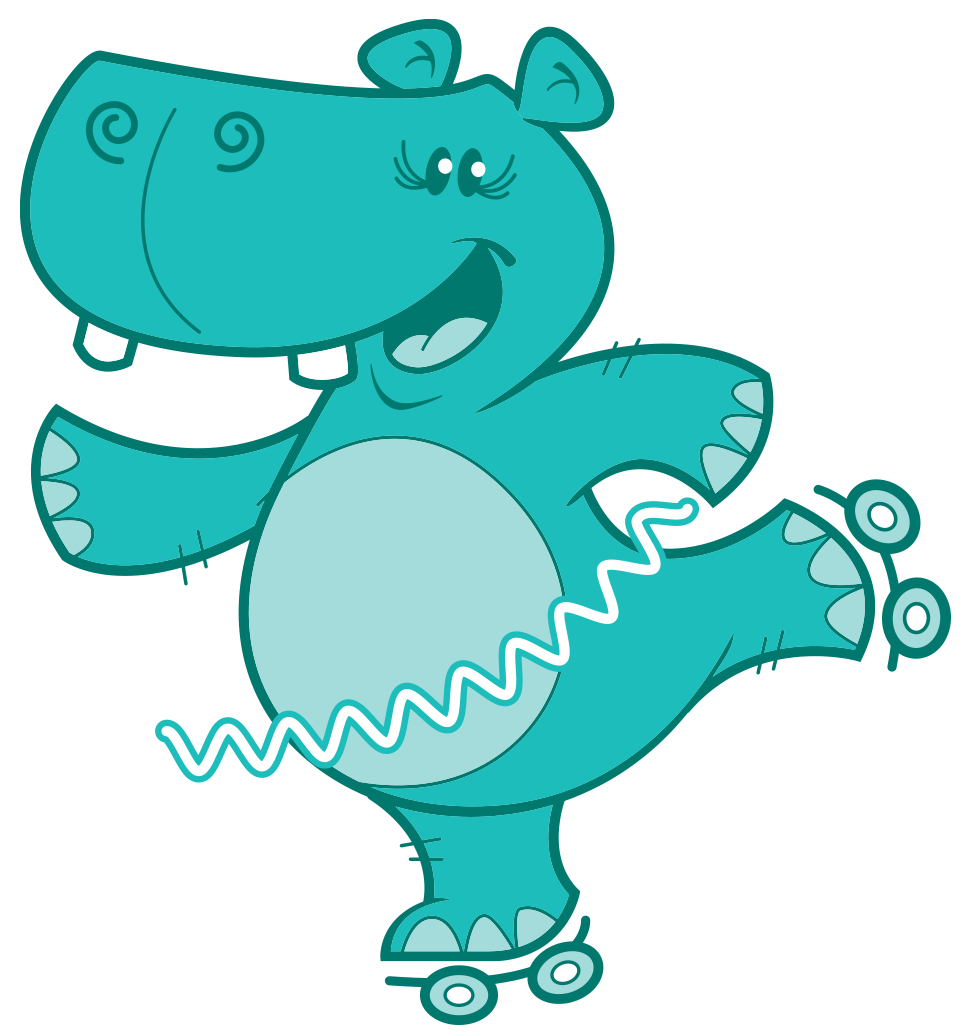 A cartoon hippo is rollerblading on one leg