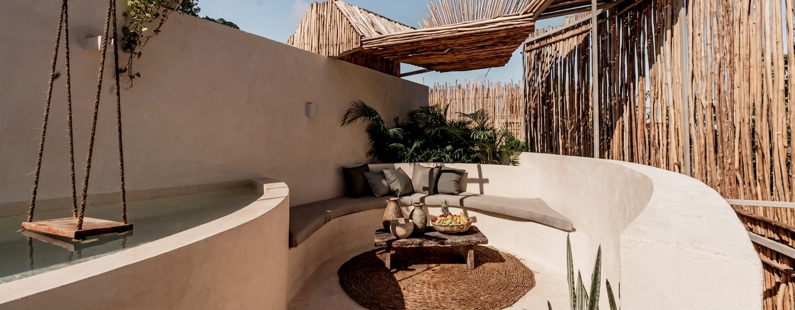 Curved white patio with hanging swing, woven shade, potted plants, and low table in a sunlit outdoor lounge