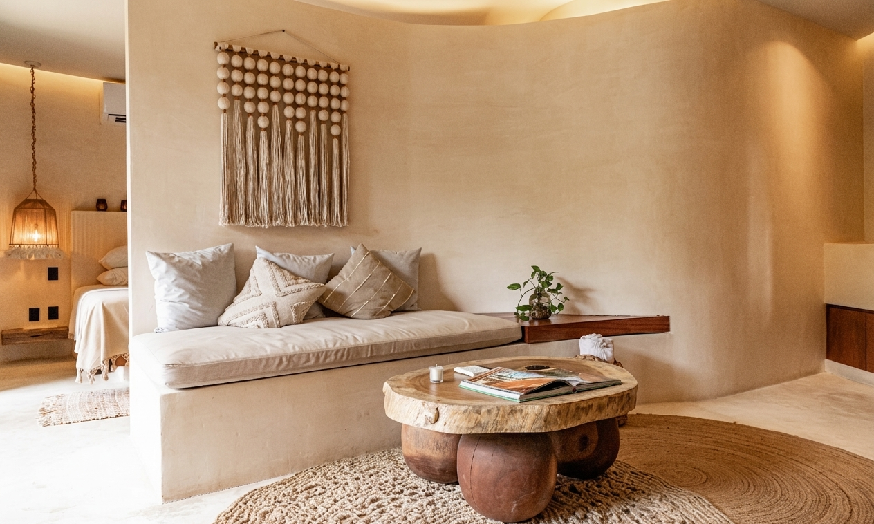 Minimal beige living room with a low sofa, round coffee table, woven rug, and soft warm lighting.