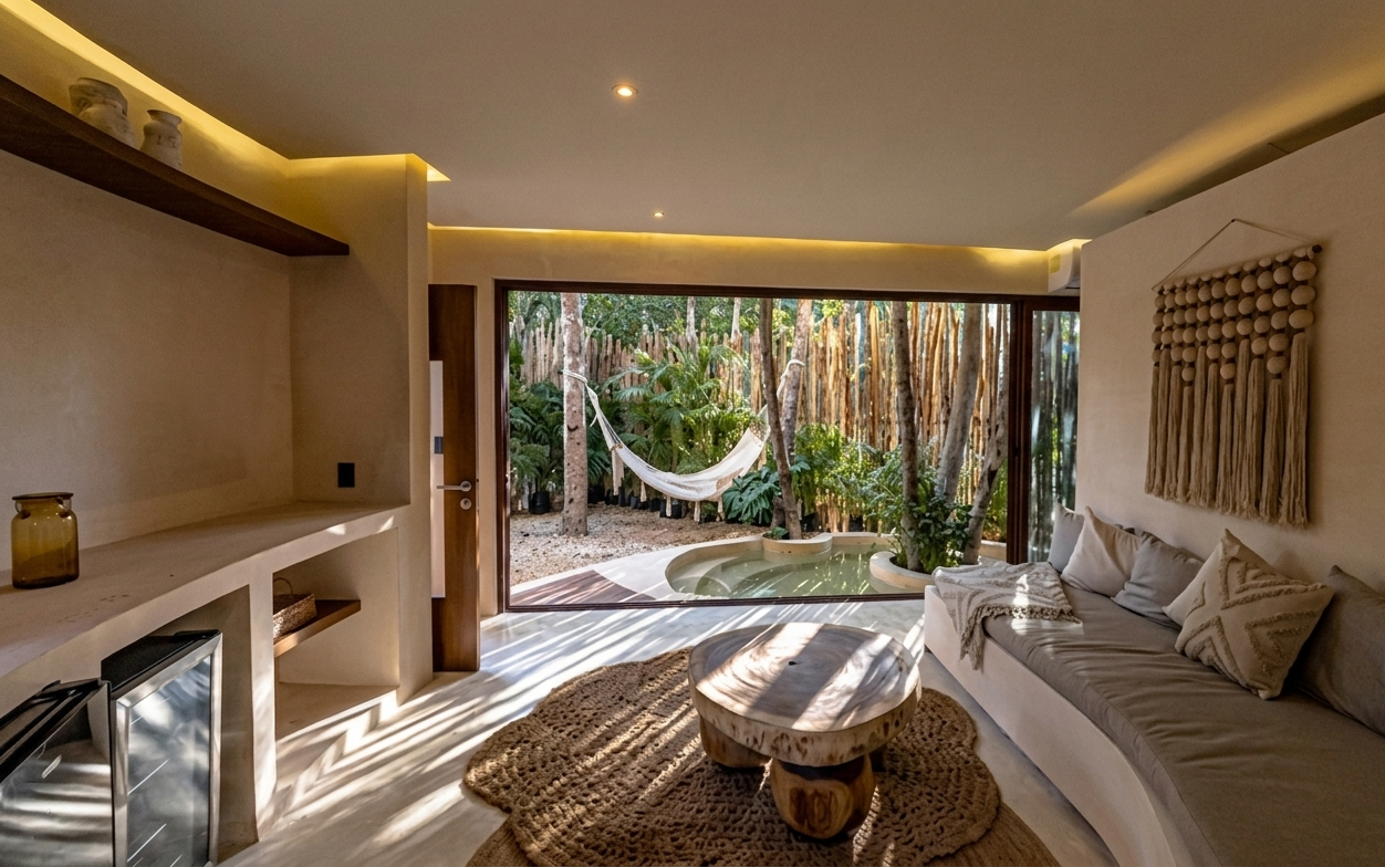 Modern lounge with curved sofa, fireplace, and open doors to a hammock in a lush garden