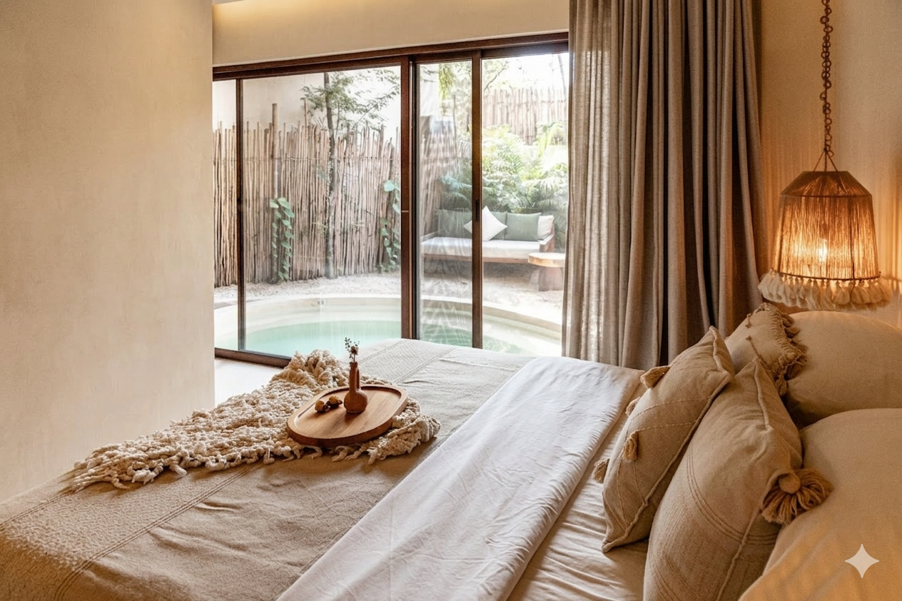 A kitchen counter with two wooden chairs, beige walls, and a decorative cream-colored macramé curtain over a window.