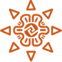 A stylized orange sun icon featuring a geometric, flower-like center with a central Greek key-style motif.