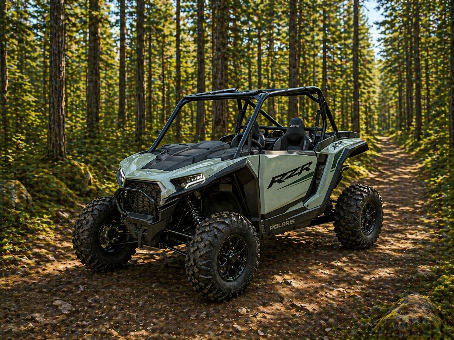 Blue off-road side-by-side UTV parked on wet gravel in a wooded area