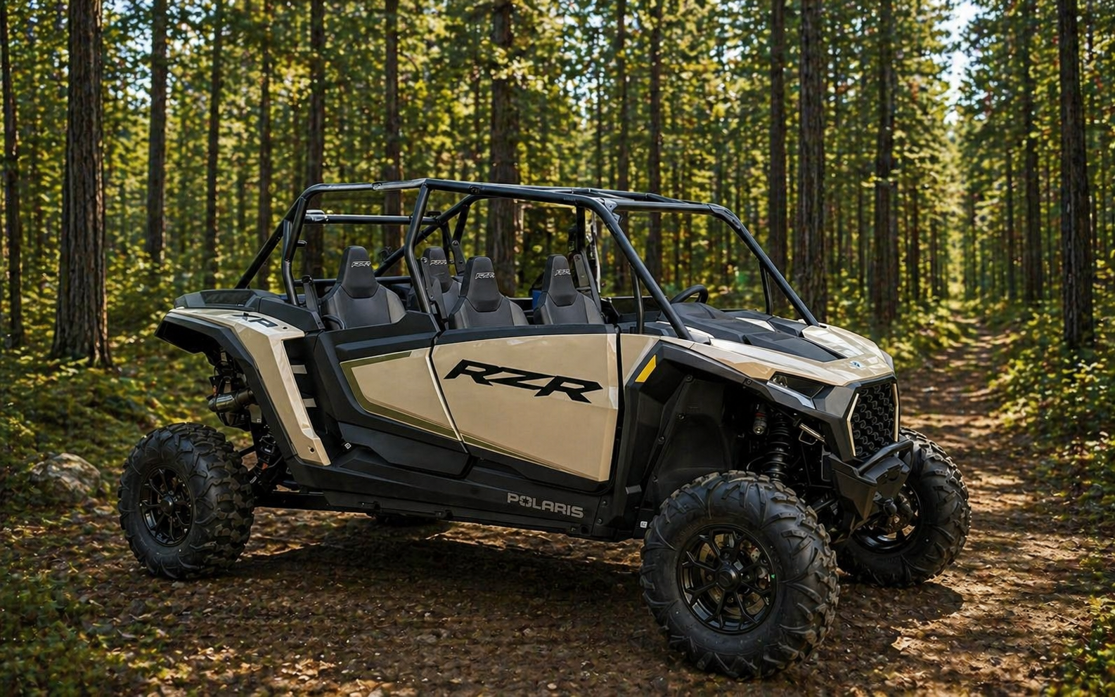 Beige and black KRX off-road side-by-side parked on gravel beside a wooden fence.