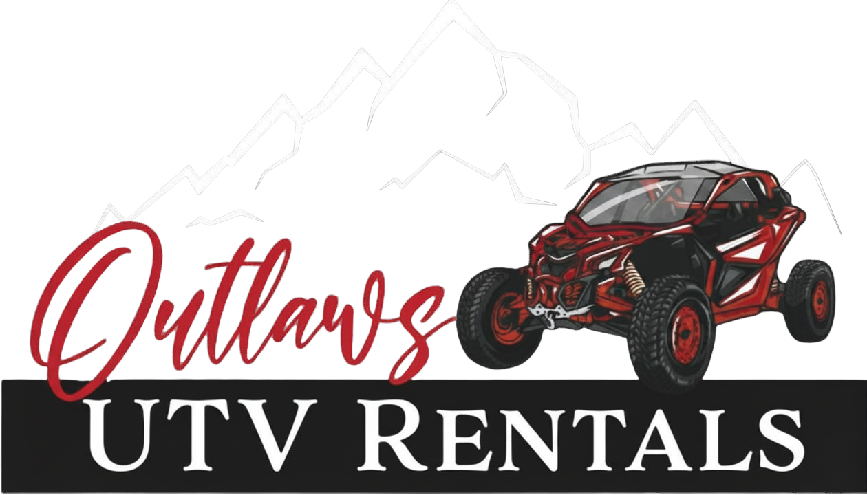 The logo for outlaws utv rentals and guided tours shows a red atv with mountains in the background.