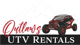 The logo for outlaws utv rentals and guided tours shows a red atv with mountains in the background.