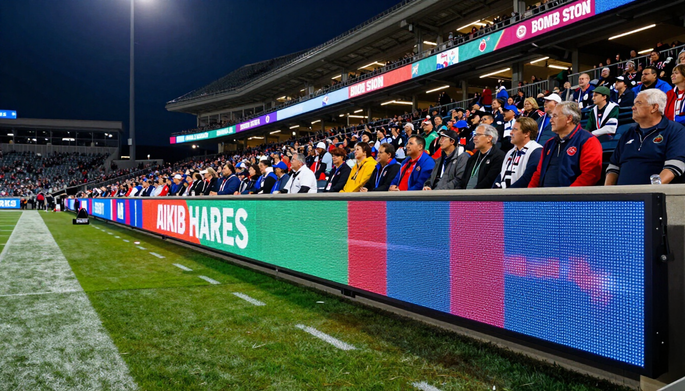 A bordo campo di uno stadio di calcio, con cartelloni pubblicitari a LED e una tribuna affollata di notte.