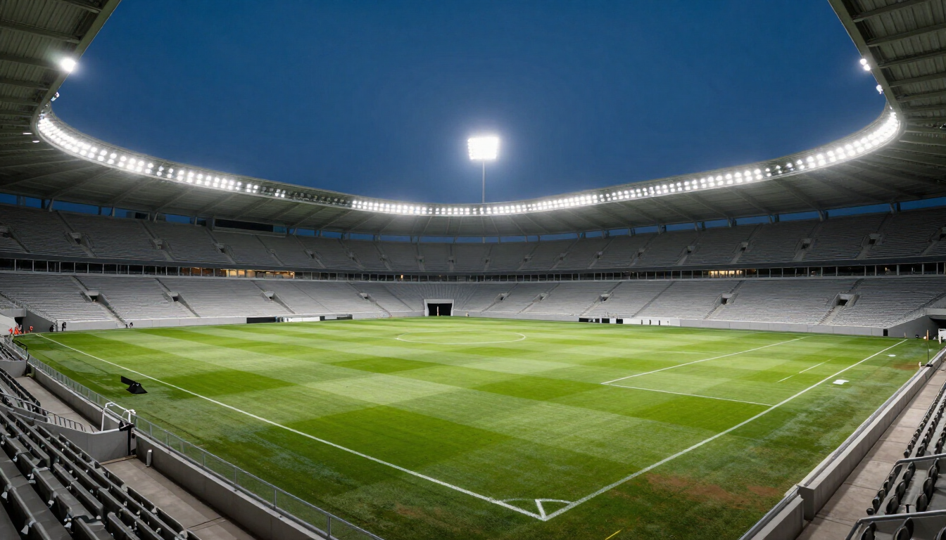 Stadio di calcio moderno e vuoto, con campo verde e luci intense di notte.