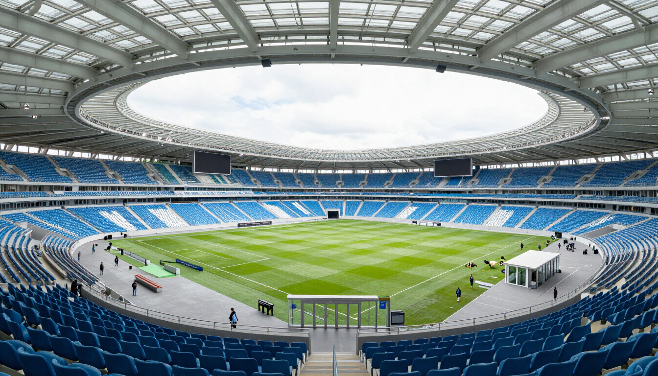 Stadio di calcio vuoto con sedili blu e un campo verde sotto un grande tetto ovale.
