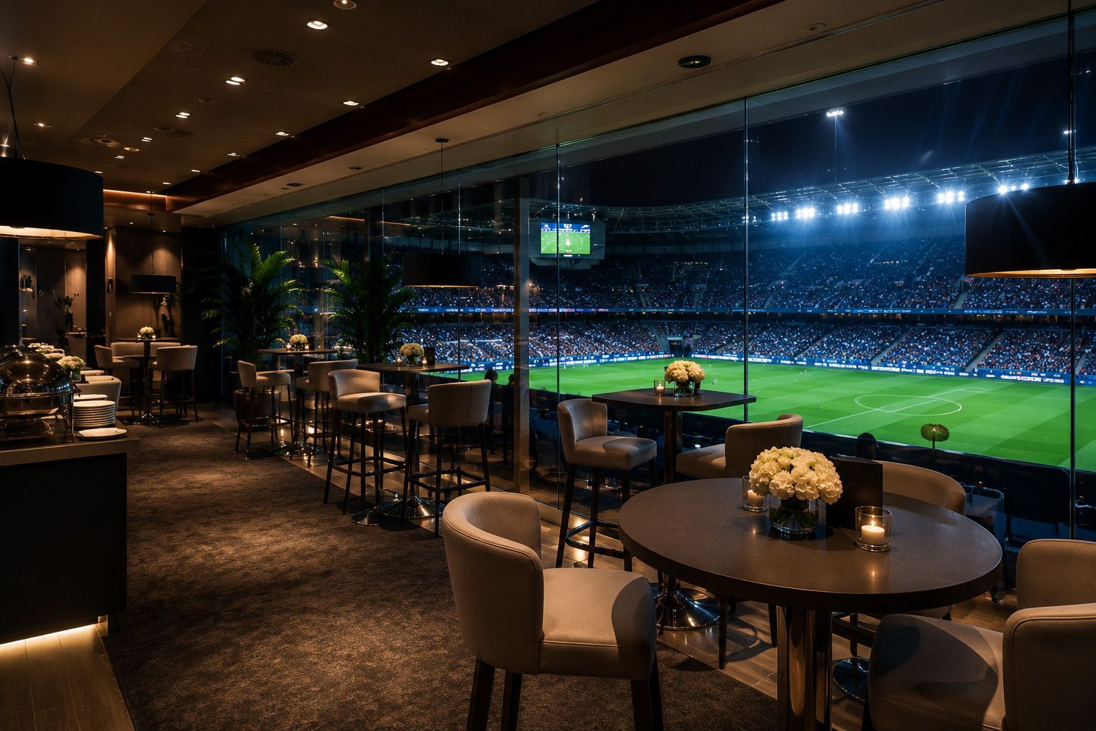 Lussuosa area hospitality dello stadio con tavoli che si affacciano su un campo da calcio illuminato